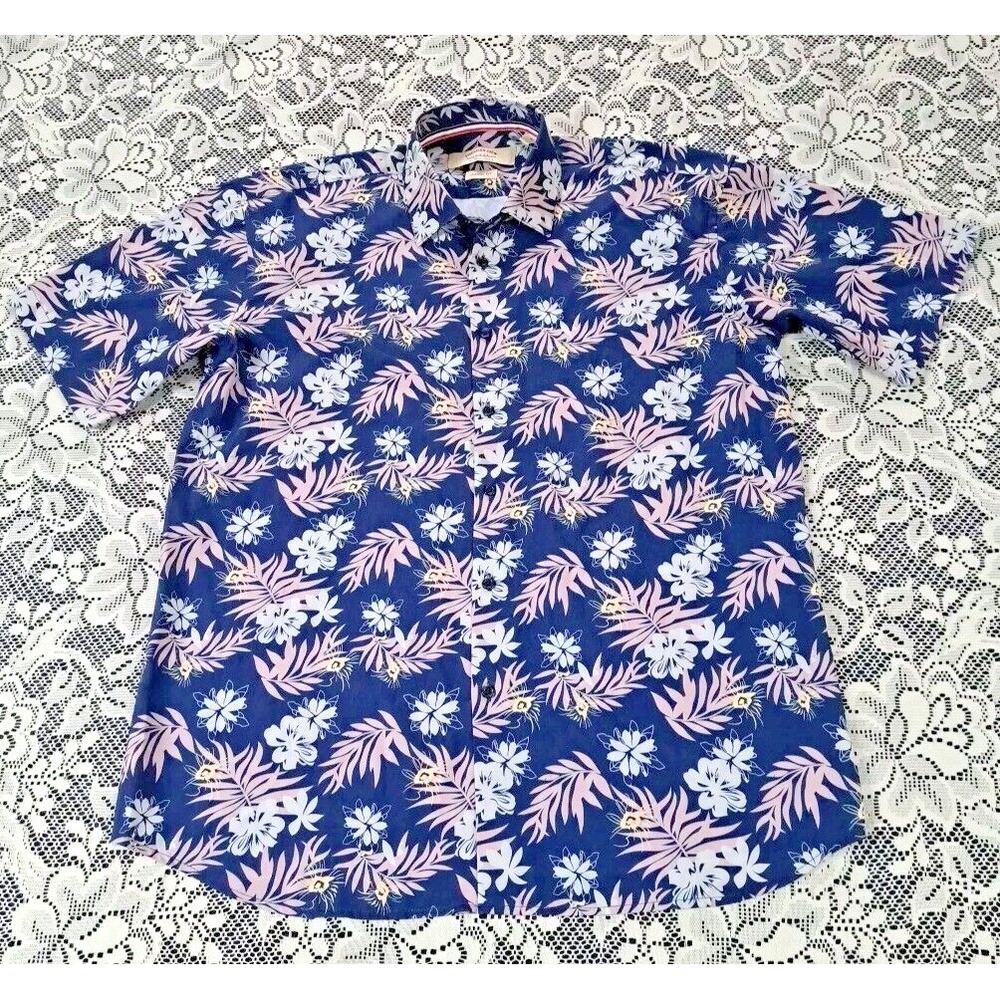 Hawaiian Aloha Shirt American Crew Men's M Blue Pink Classic Fit Polyester Blend